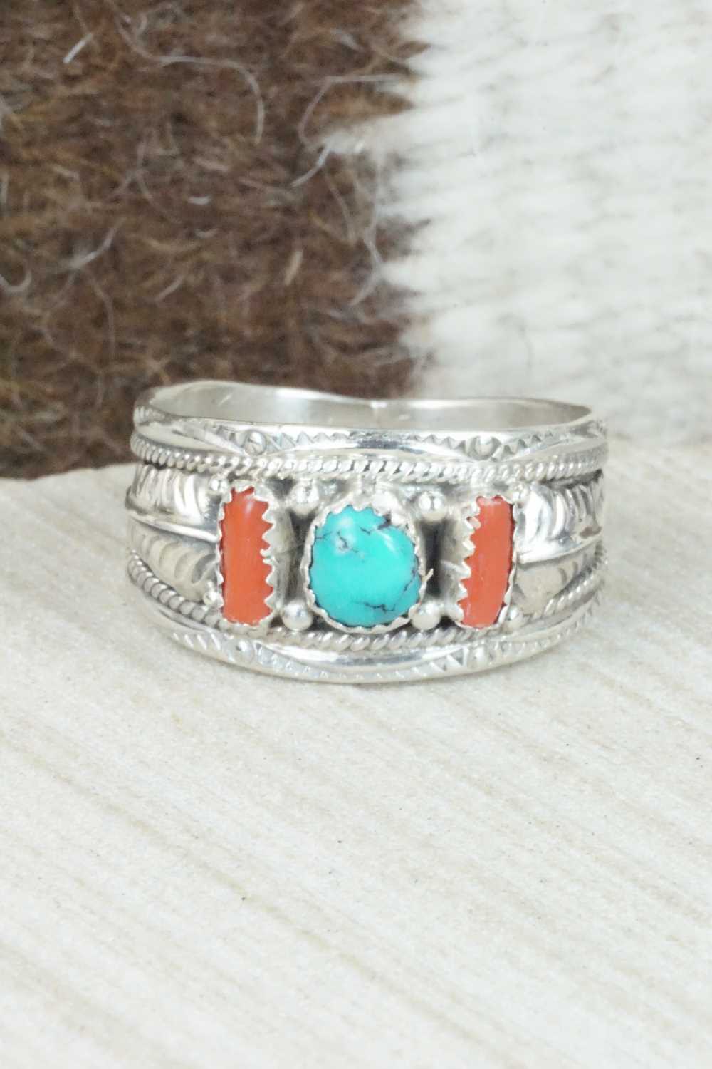 Turquoise, Coral and Sterling Silver Ring - Betty Begaye - Size 16