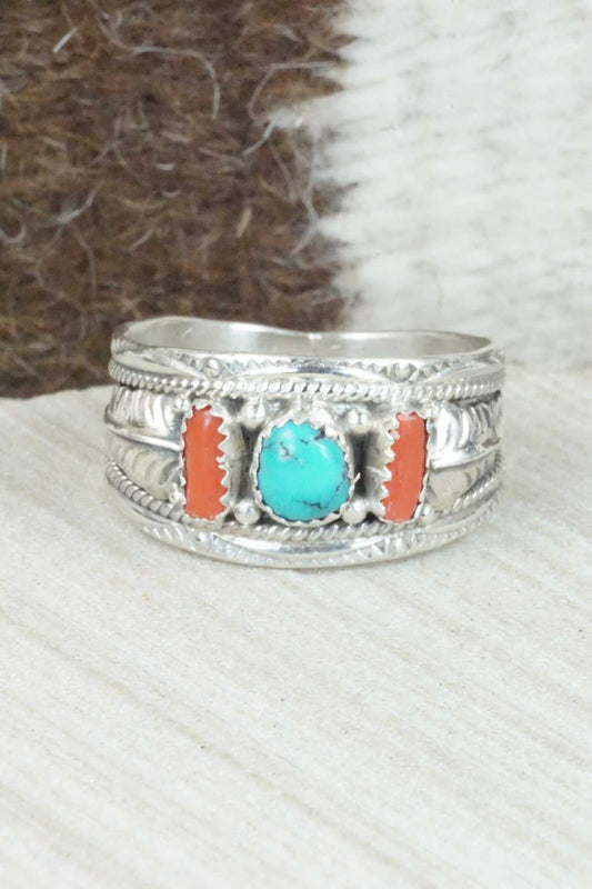 Turquoise, Coral and Sterling Silver Ring - Betty Begaye - Size 16