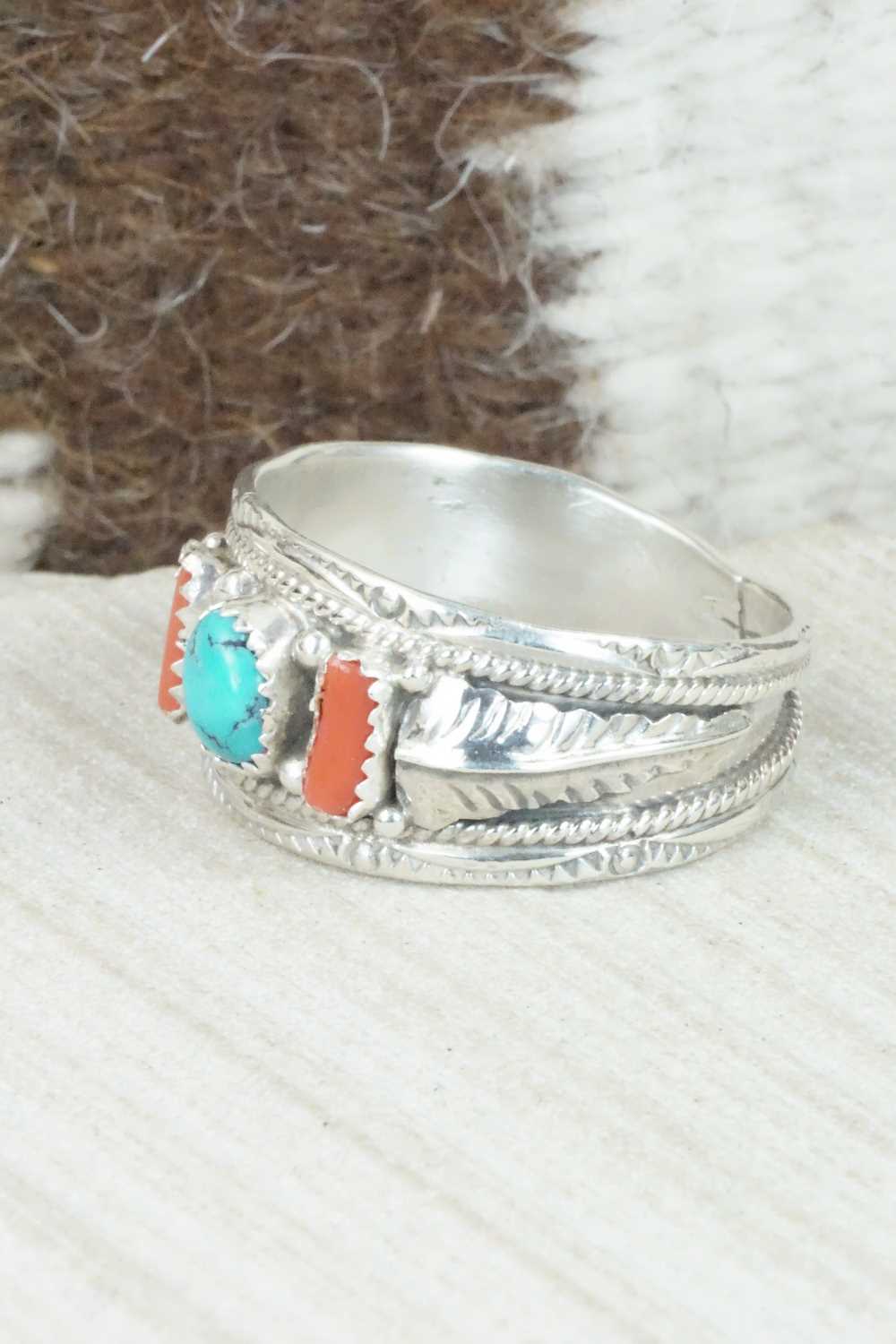 Turquoise, Coral and Sterling Silver Ring - Betty Begaye - Size 16
