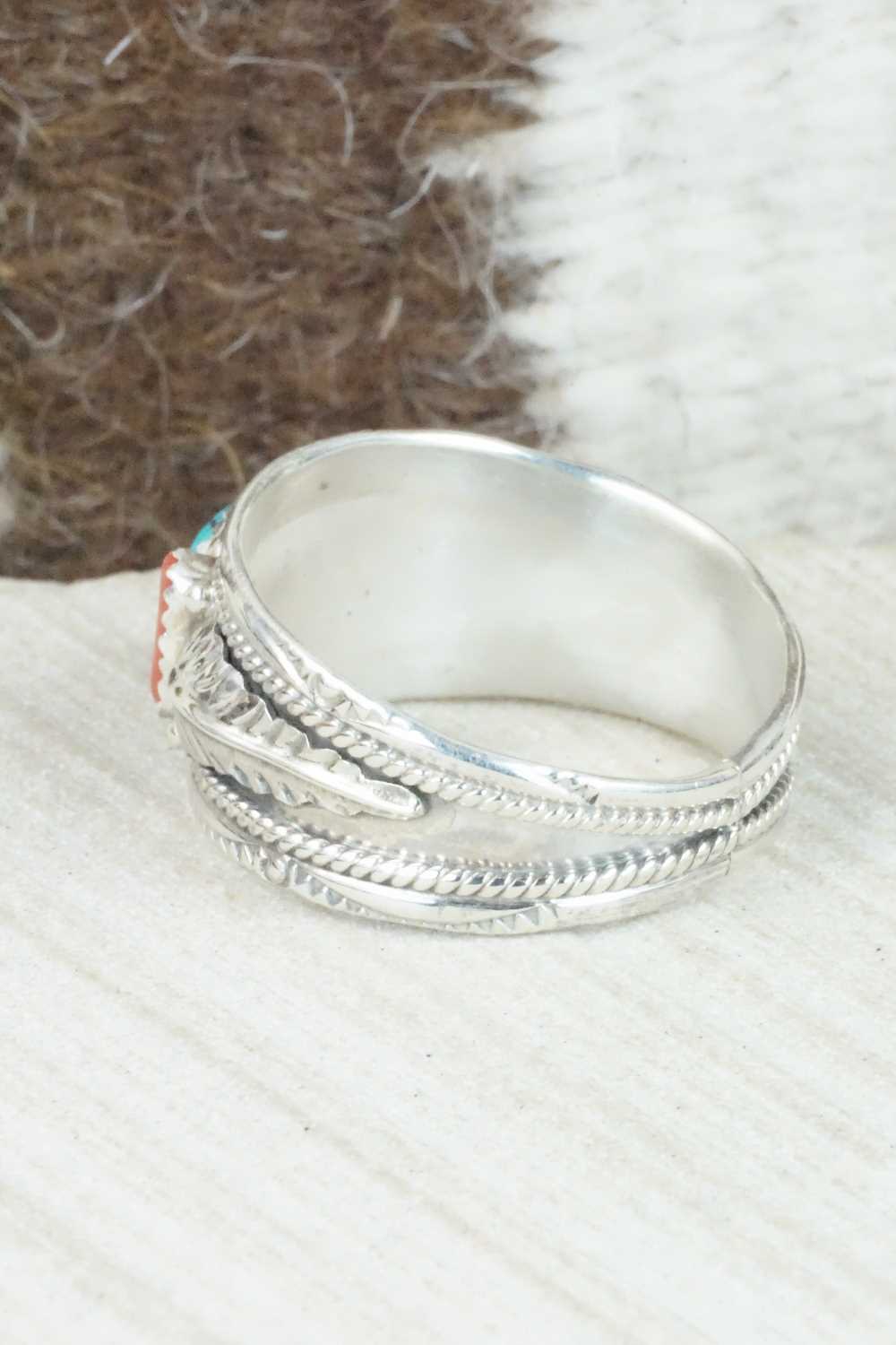 Turquoise, Coral and Sterling Silver Ring - Betty Begaye - Size 16