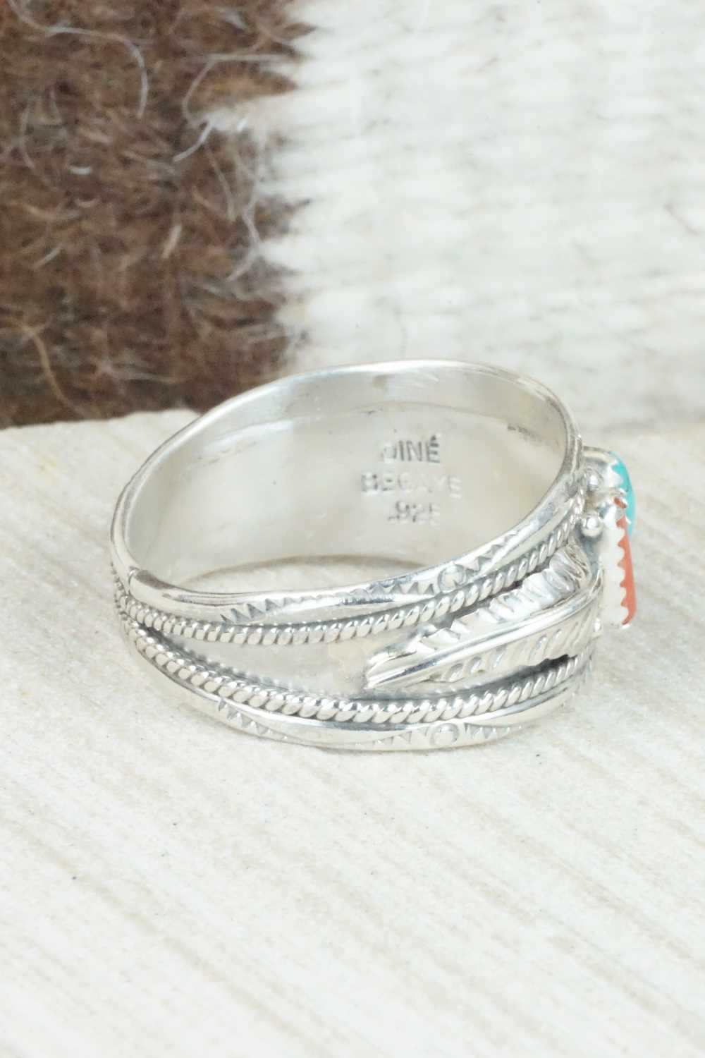 Turquoise, Coral and Sterling Silver Ring - Betty Begaye - Size 16