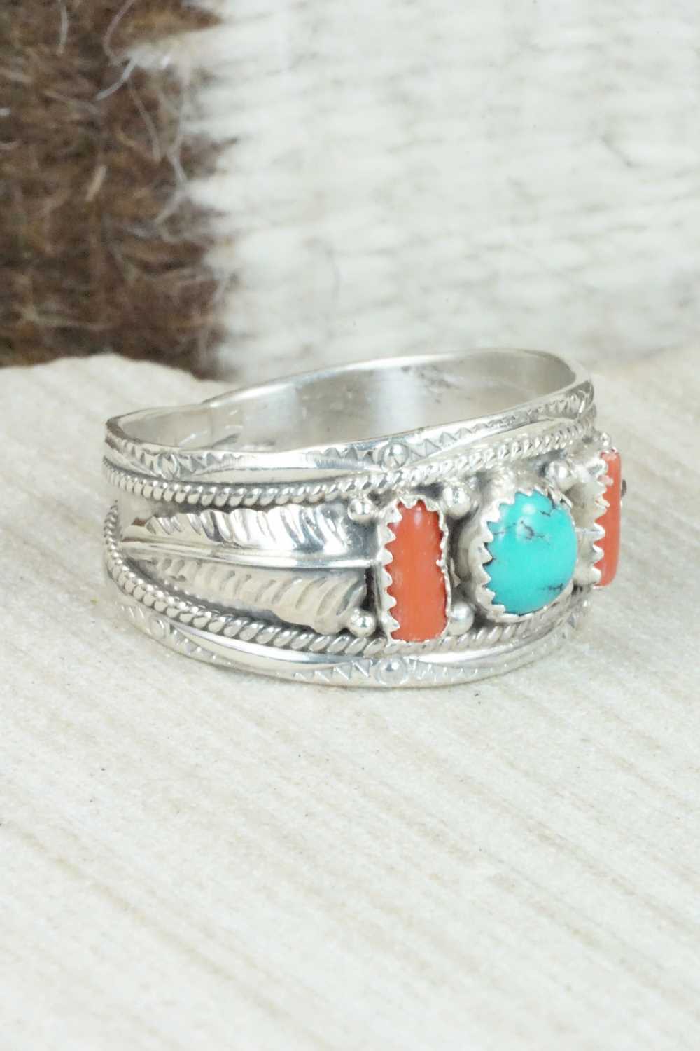 Turquoise, Coral and Sterling Silver Ring - Betty Begaye - Size 16
