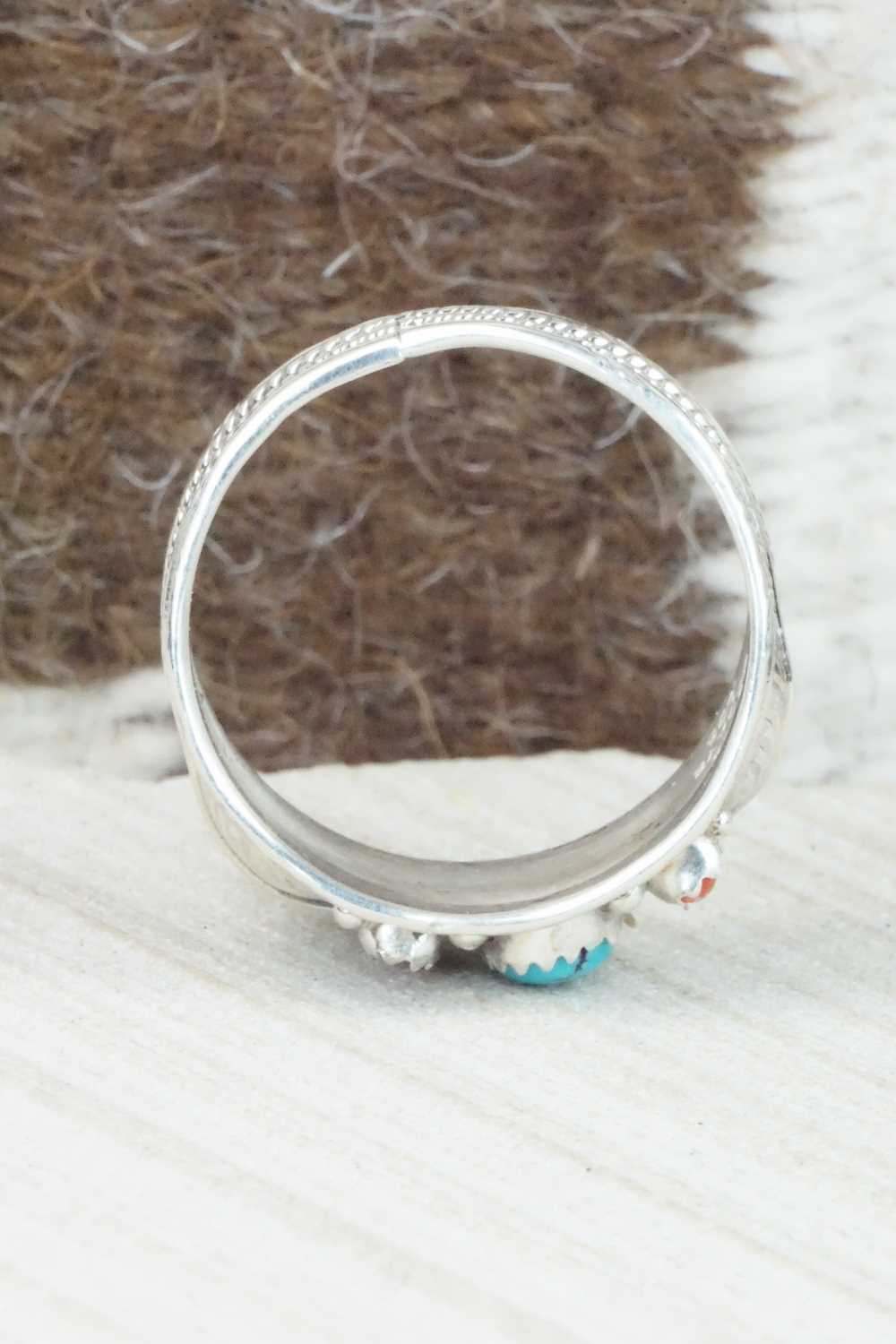 Turquoise, Coral and Sterling Silver Ring - Betty Begaye - Size 16