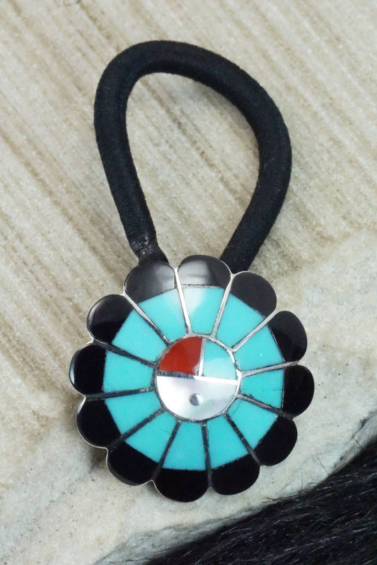 Turquoise, Onyx & Sterling Silver Inlay Hair Tie - Denise Siutza