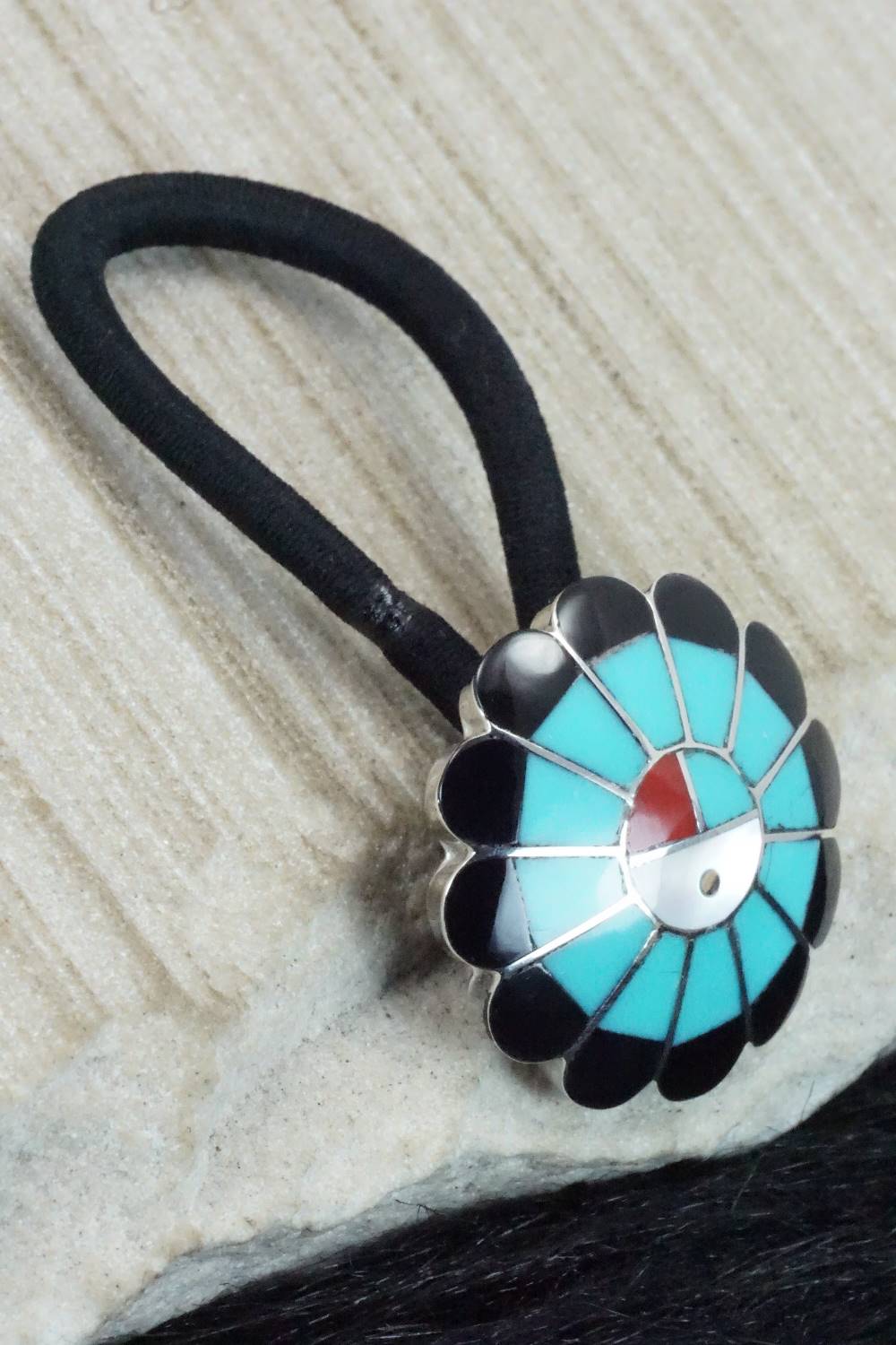 Turquoise, Onyx & Sterling Silver Inlay Hair Tie - Denise Siutza