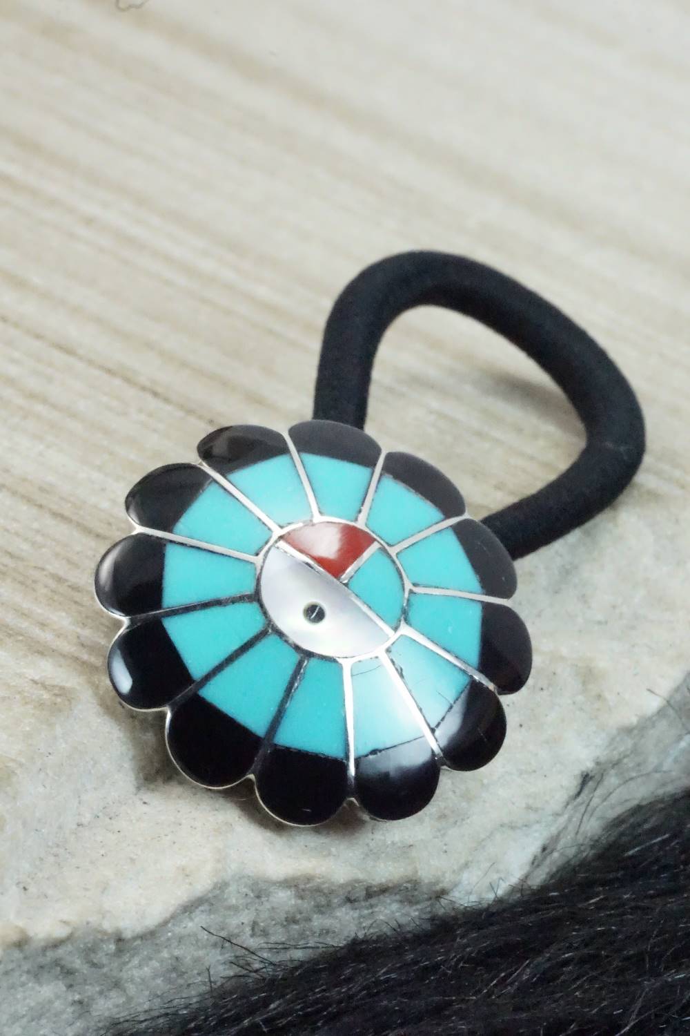 Turquoise, Onyx & Sterling Silver Inlay Hair Tie - Denise Siutza