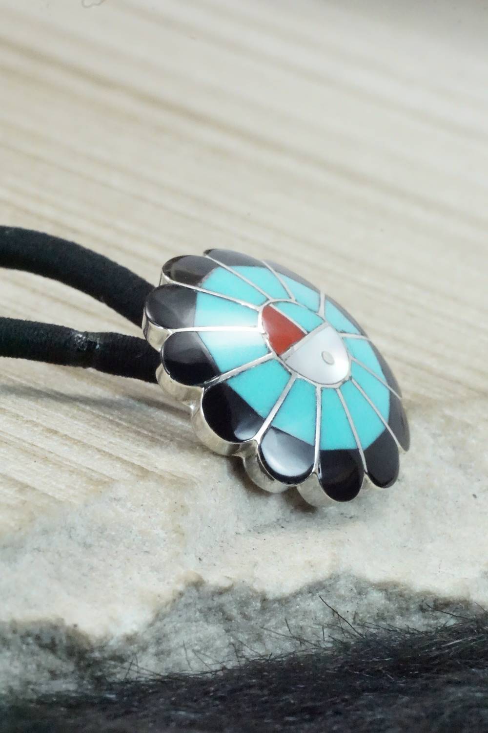 Turquoise, Onyx & Sterling Silver Inlay Hair Tie - Denise Siutza