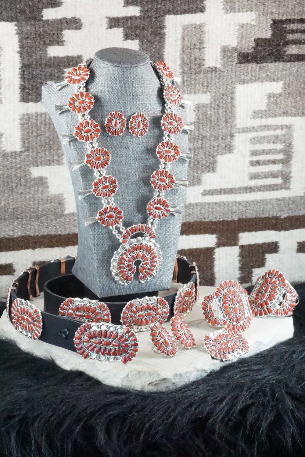 Coral & Sterling Silver Squash Blossom Necklace Set - Justina Wilson