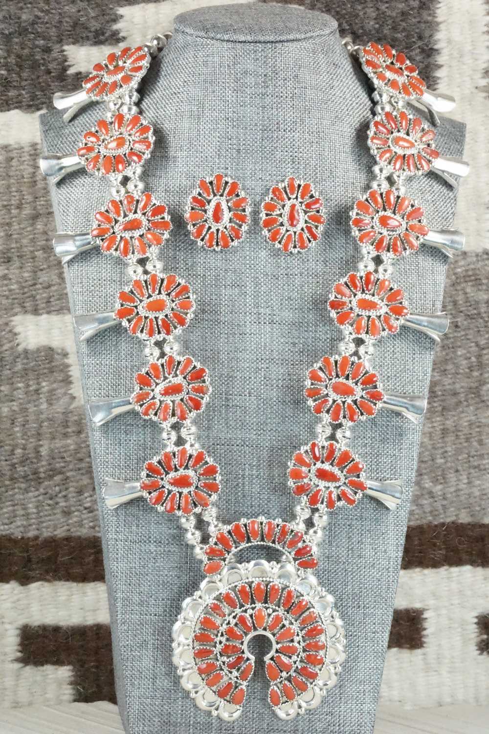 Coral & Sterling Silver Squash Blossom Necklace Set - Justina Wilson
