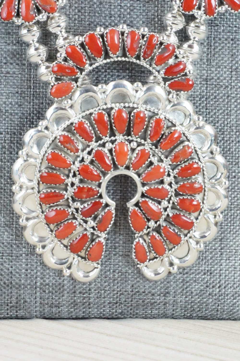 Coral & Sterling Silver Squash Blossom Necklace Set - Justina Wilson