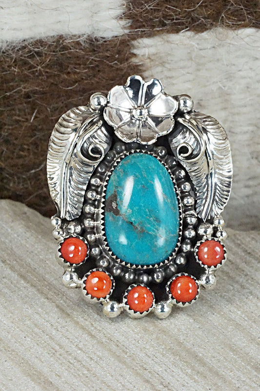 Turquoise, Spiny Oyster & Sterling Silver Ring - Sandra Parkett - Size 8.5 (Adj)