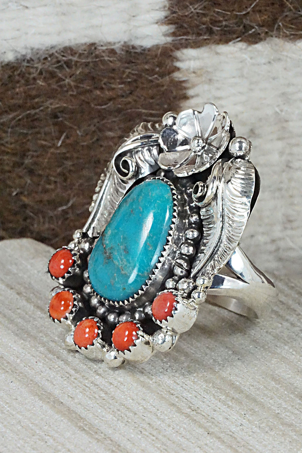 Turquoise, Spiny Oyster & Sterling Silver Ring - Sandra Parkett - Size 8.5 (Adj)