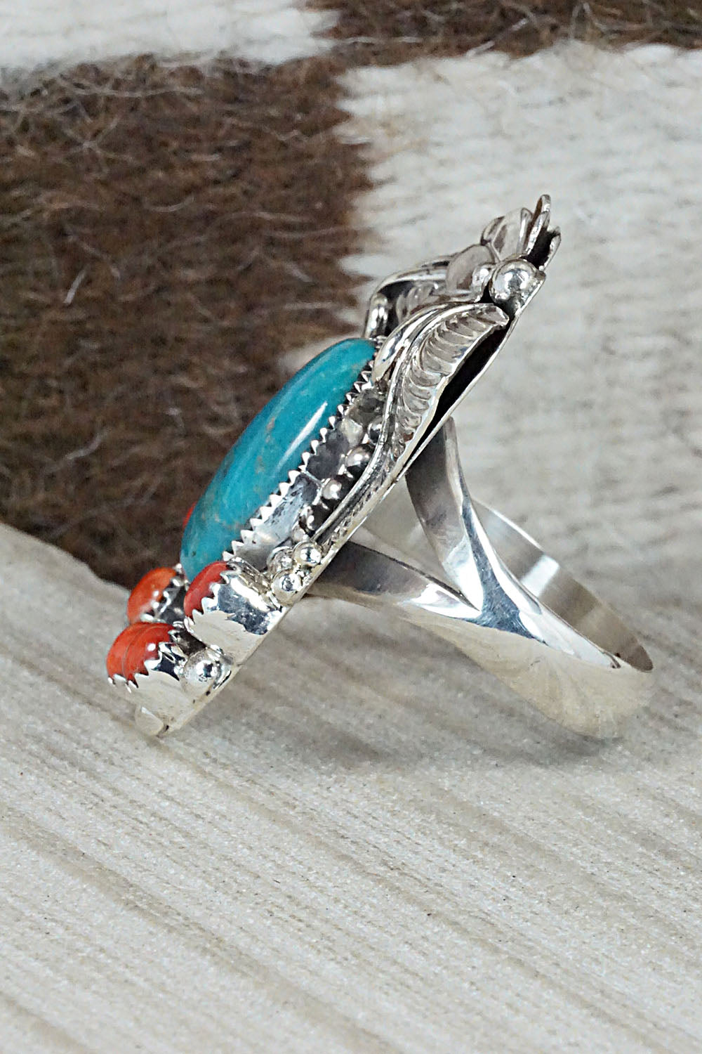Turquoise, Spiny Oyster & Sterling Silver Ring - Sandra Parkett - Size 8.5 (Adj)