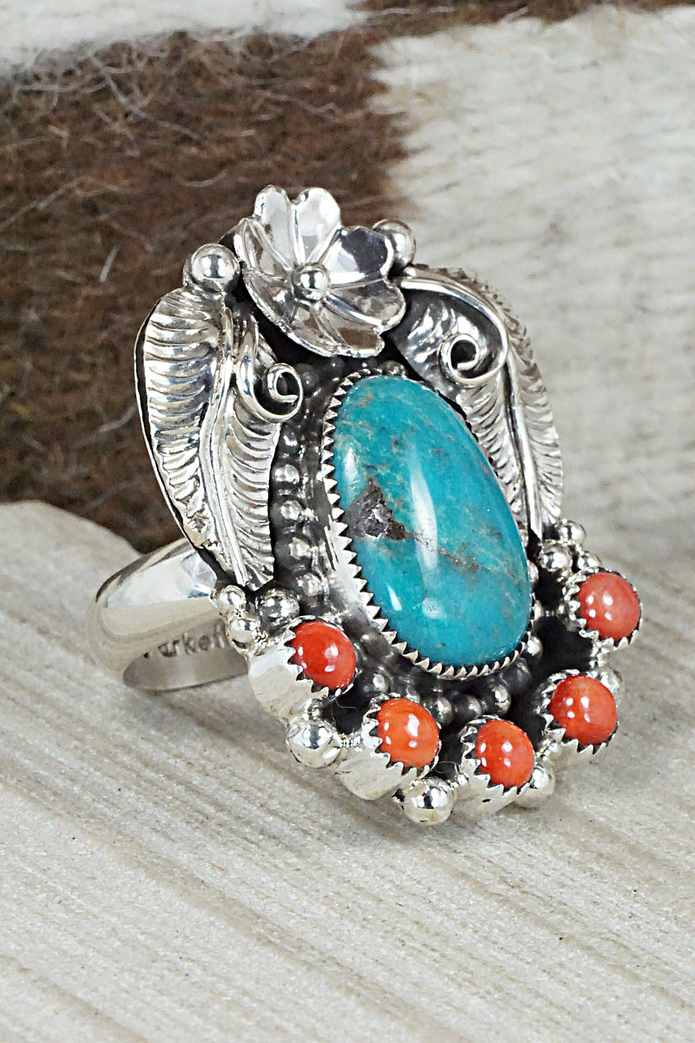 Turquoise, Spiny Oyster & Sterling Silver Ring - Sandra Parkett - Size 8.5 (Adj)