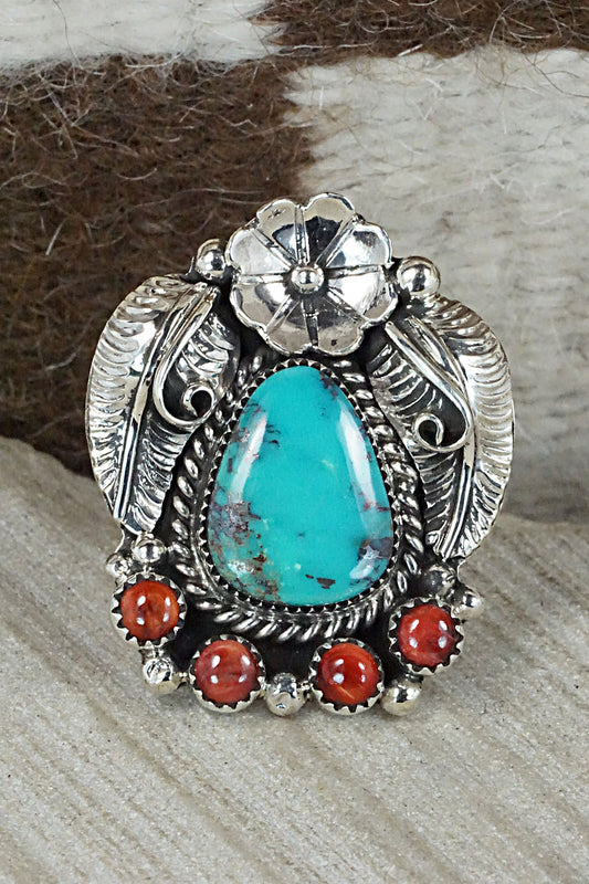 Turquoise, Spiny Oyster & Sterling Silver Ring - Sandra Parkett - Size 8 (Adj)
