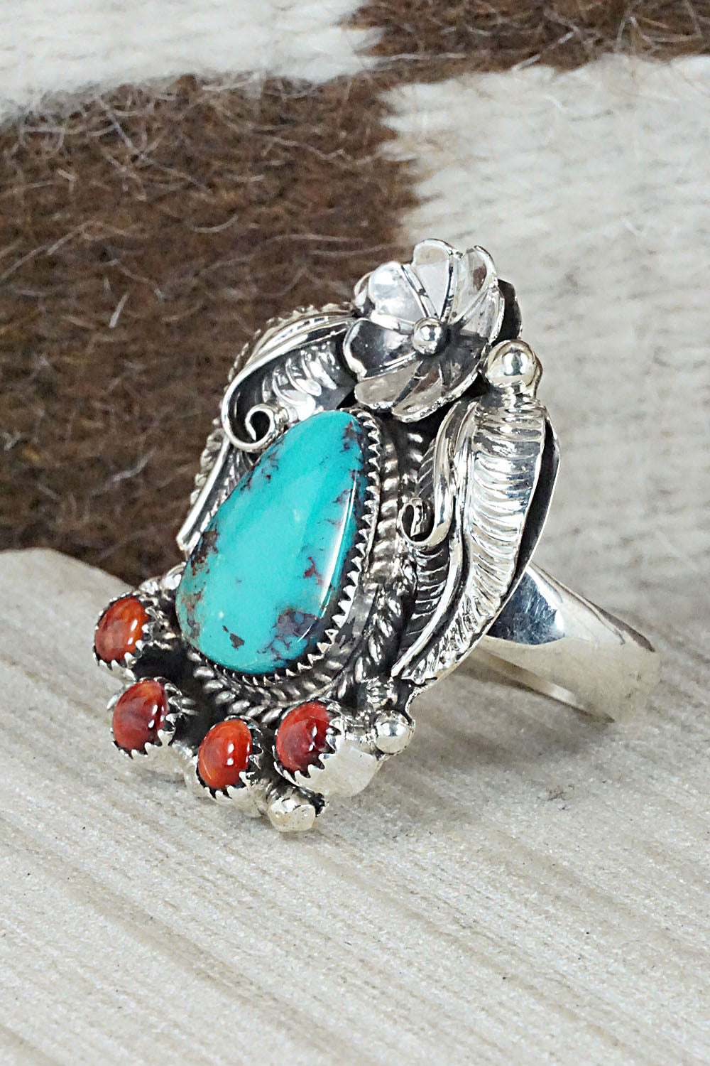 Turquoise, Spiny Oyster & Sterling Silver Ring - Sandra Parkett - Size 8 (Adj)