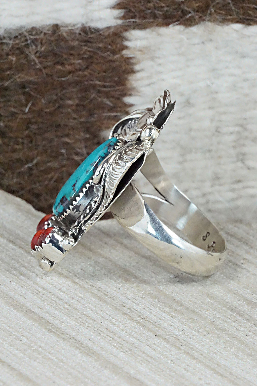 Turquoise, Spiny Oyster & Sterling Silver Ring - Sandra Parkett - Size 8 (Adj)