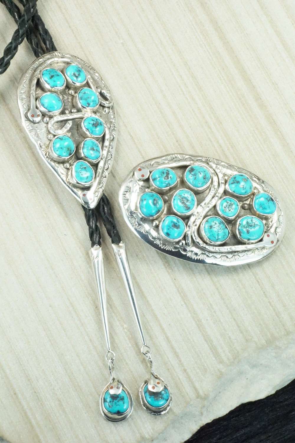 Turquoise & Sterling Silver Bolo Tie and Buckle - Jude Candelaria