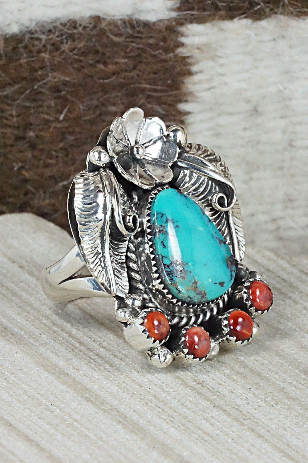 Turquoise, Spiny Oyster & Sterling Silver Ring - Sandra Parkett - Size 8 (Adj)