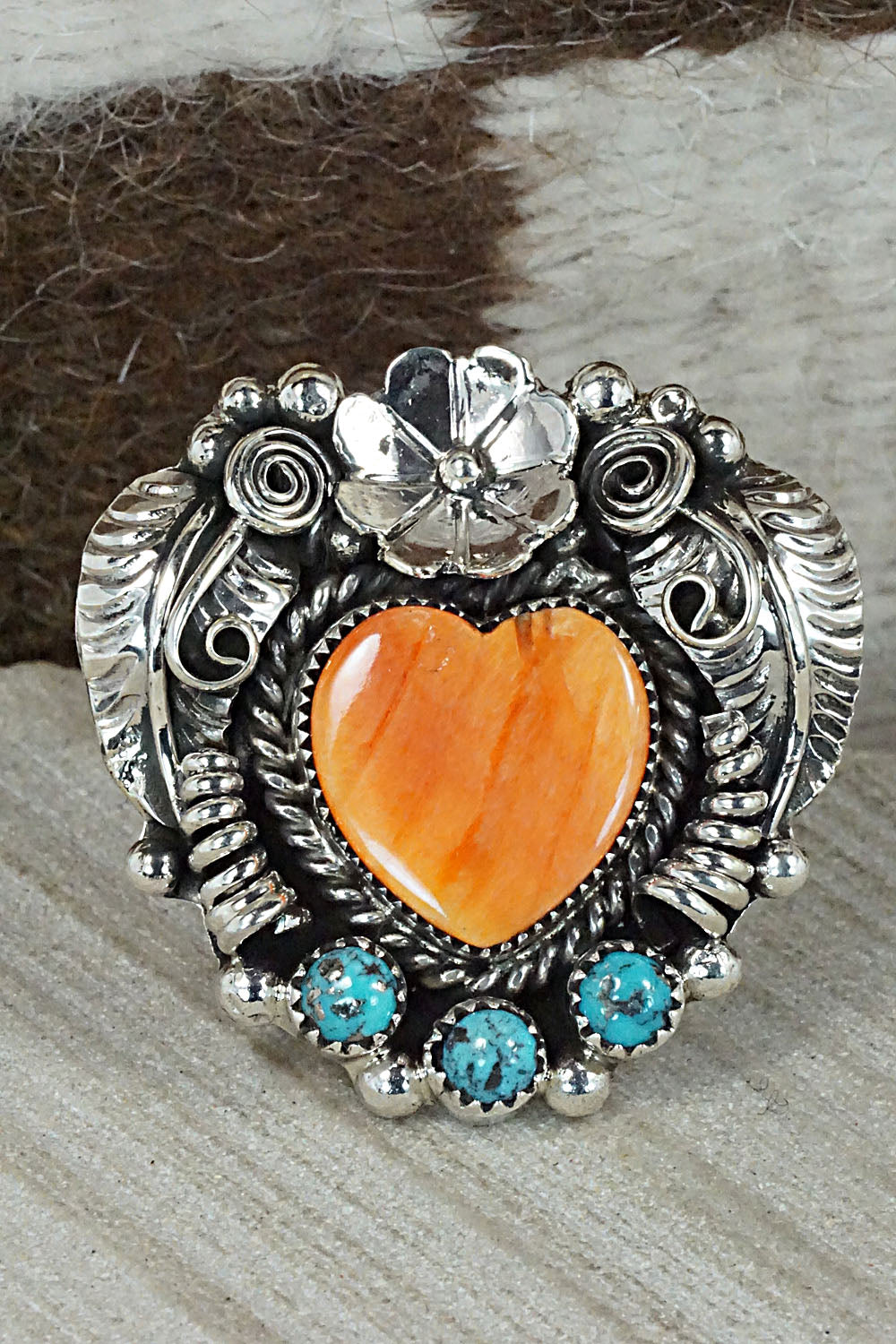 Spiny Oyster, Turquoise & Sterling Silver Ring - Sandra Parkett - Size 9 (Adj)