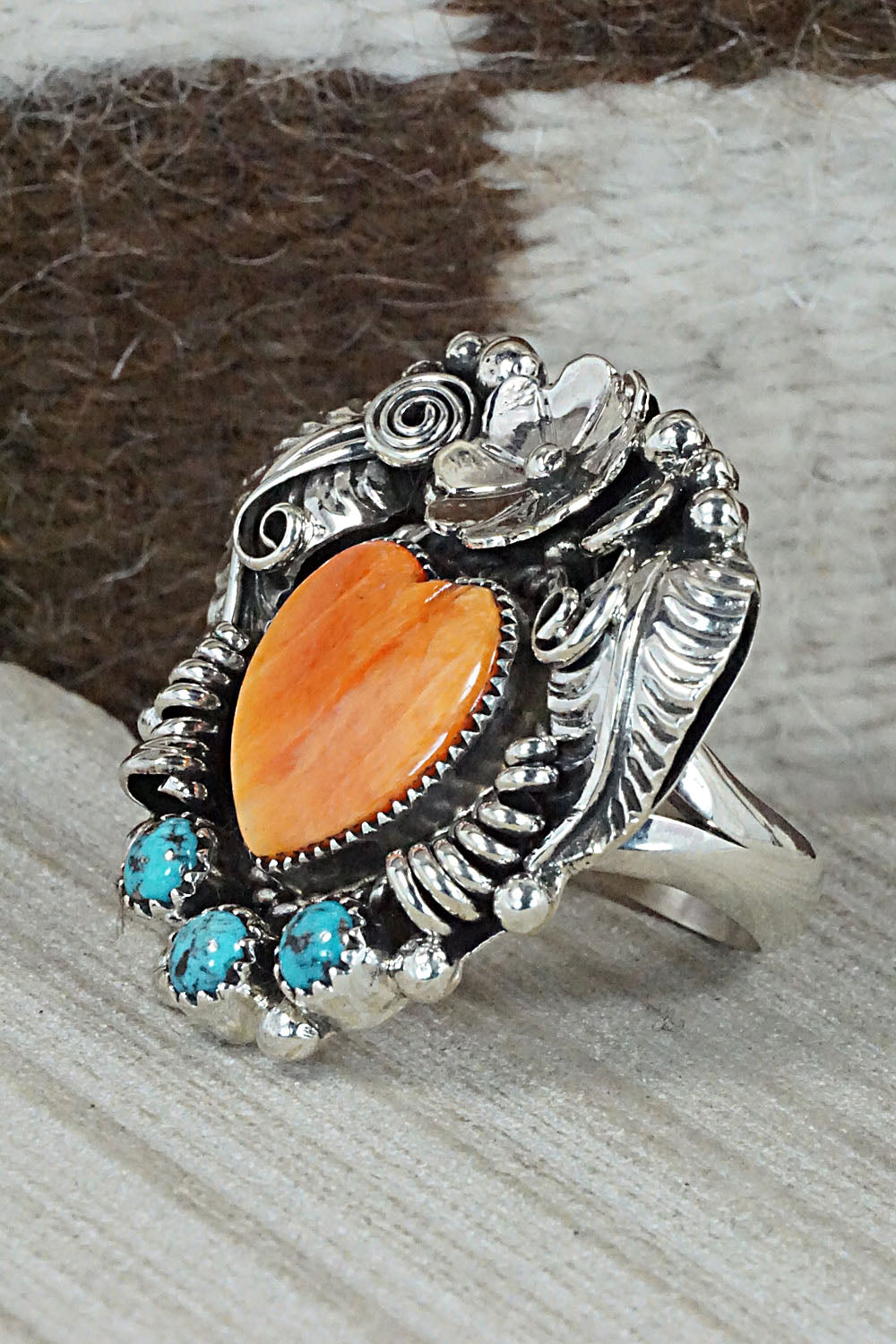 Spiny Oyster, Turquoise & Sterling Silver Ring - Sandra Parkett - Size 9 (Adj)