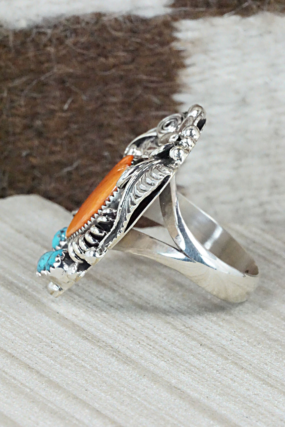 Spiny Oyster, Turquoise & Sterling Silver Ring - Sandra Parkett - Size 9 (Adj)