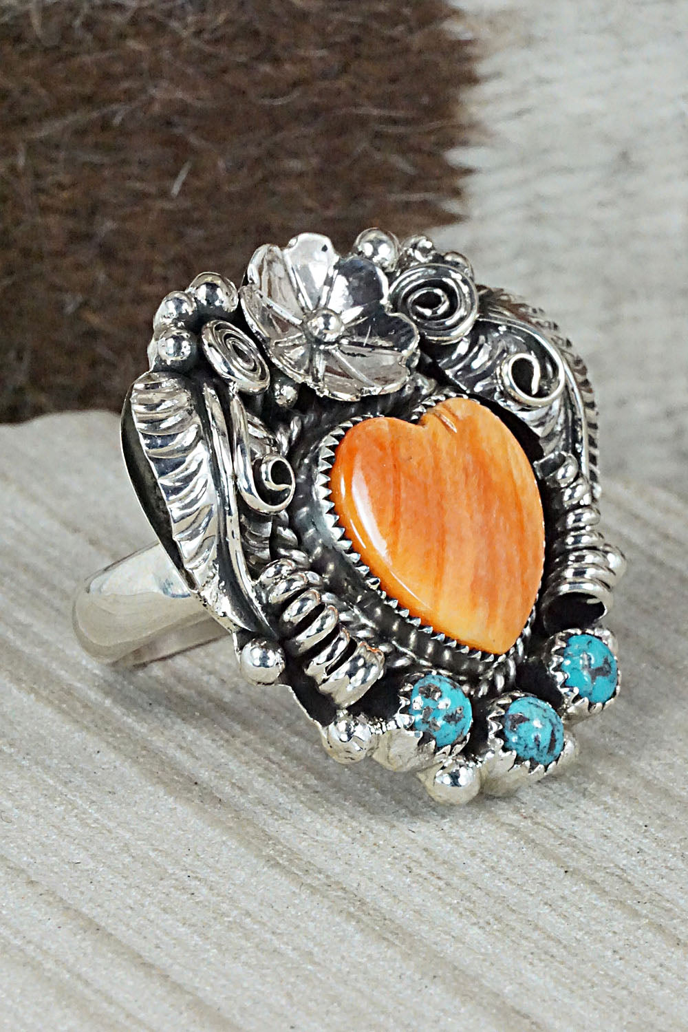 Spiny Oyster, Turquoise & Sterling Silver Ring - Sandra Parkett - Size 9 (Adj)