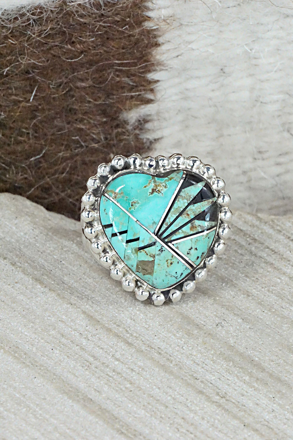 Turquoise, Onyx & Sterling Silver Inlay Ring - Sandra Parkett - Size 8
