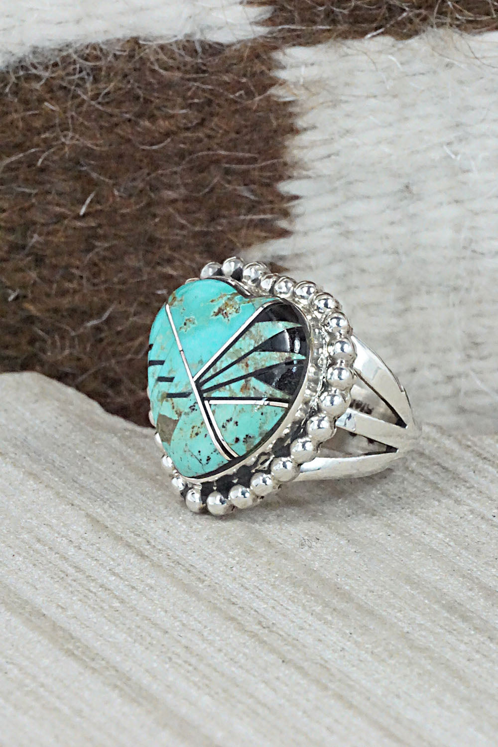 Turquoise, Onyx & Sterling Silver Inlay Ring - Sandra Parkett - Size 8