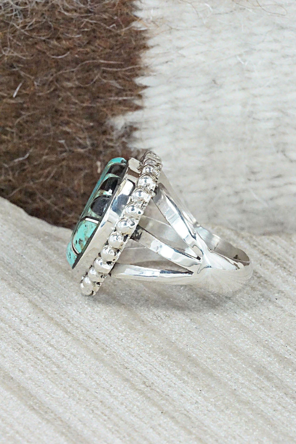 Turquoise, Onyx & Sterling Silver Inlay Ring - Sandra Parkett - Size 8