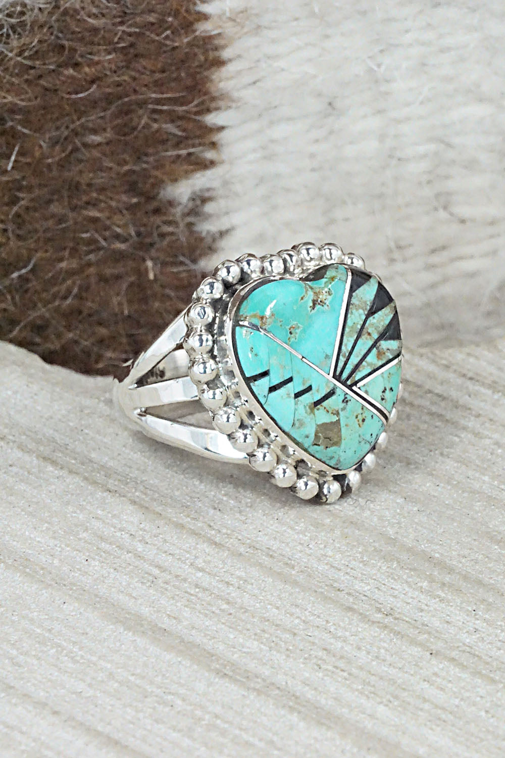 Turquoise, Onyx & Sterling Silver Inlay Ring - Sandra Parkett - Size 8