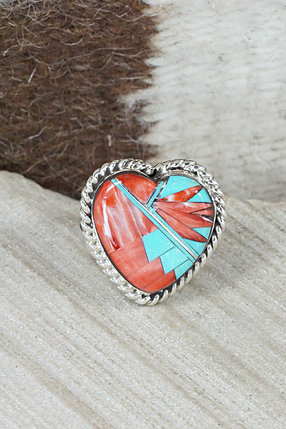 Turquoise, Spiny Oyster & Sterling Silver Inlay Ring - Sandra Parkett - Size 8