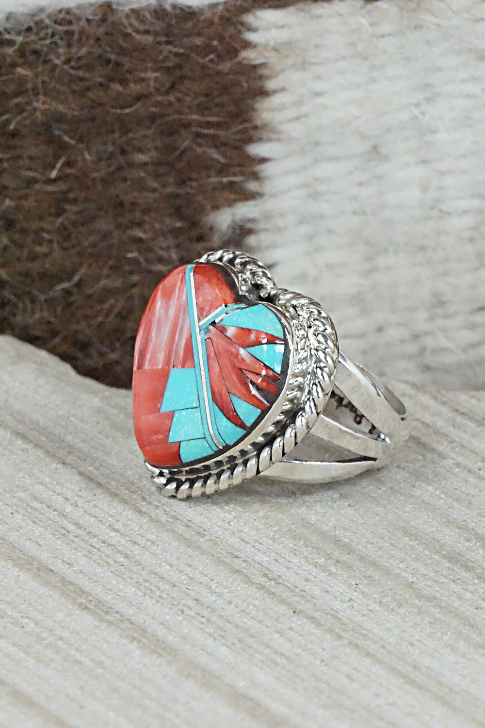 Turquoise, Spiny Oyster & Sterling Silver Inlay Ring - Sandra Parkett - Size 8