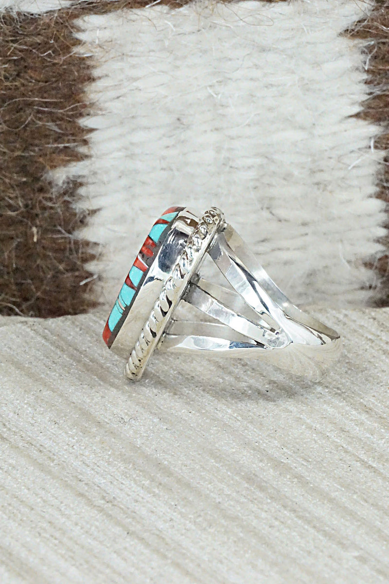 Turquoise, Spiny Oyster & Sterling Silver Inlay Ring - Sandra Parkett - Size 8