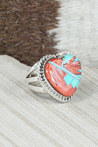 Turquoise, Spiny Oyster & Sterling Silver Inlay Ring - Sandra Parkett - Size 8