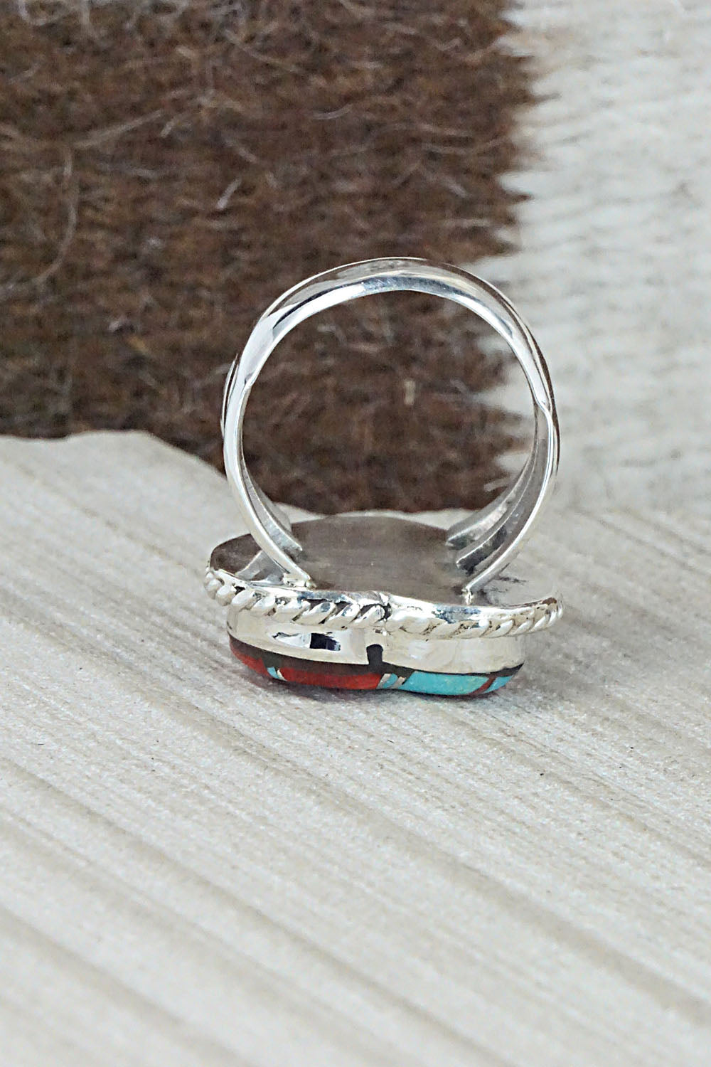 Turquoise, Spiny Oyster & Sterling Silver Inlay Ring - Sandra Parkett - Size 8