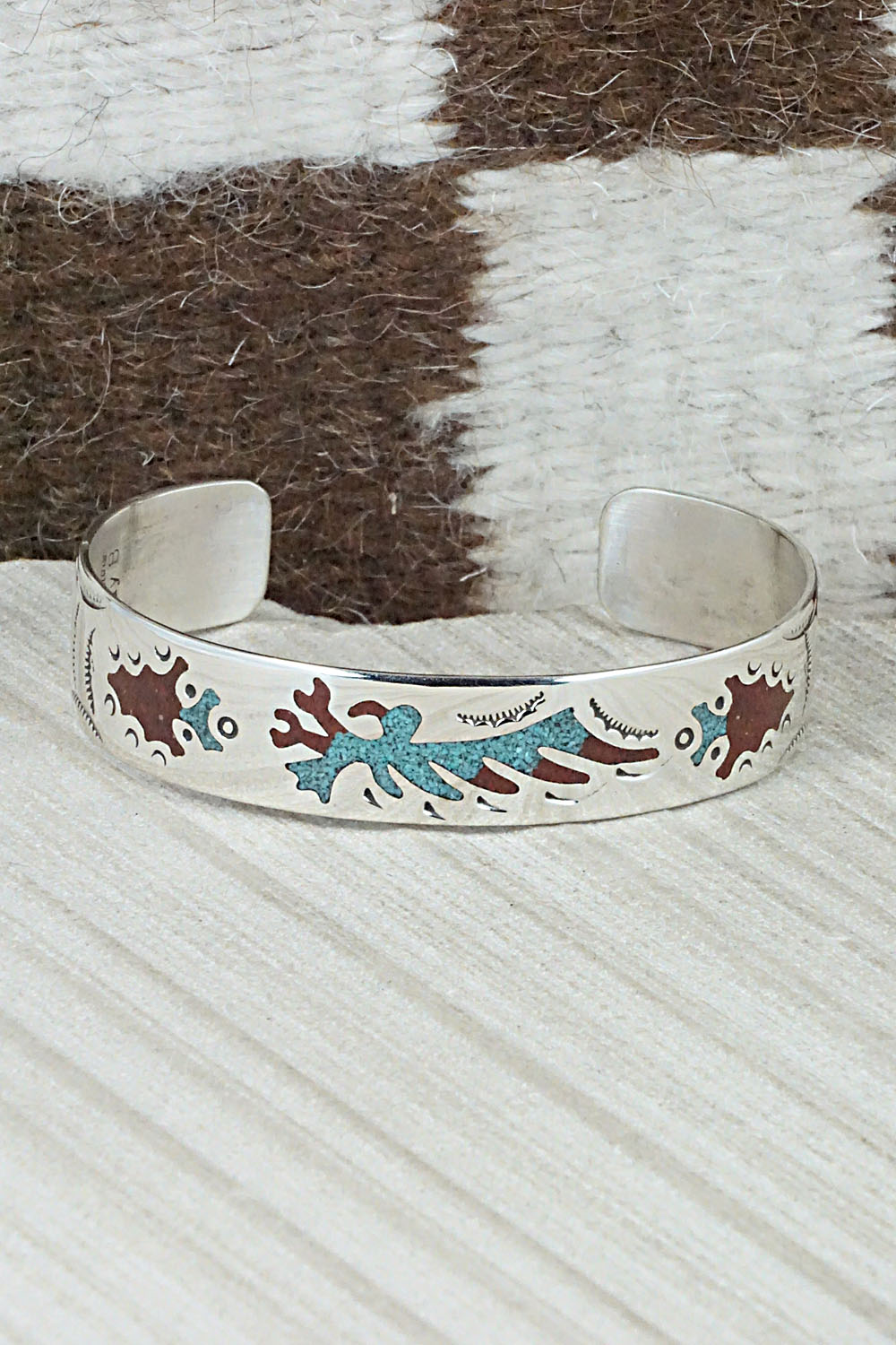 Turquoise, Coral Chip Inlay & Sterling Silver Bracelet - Raymond Begay