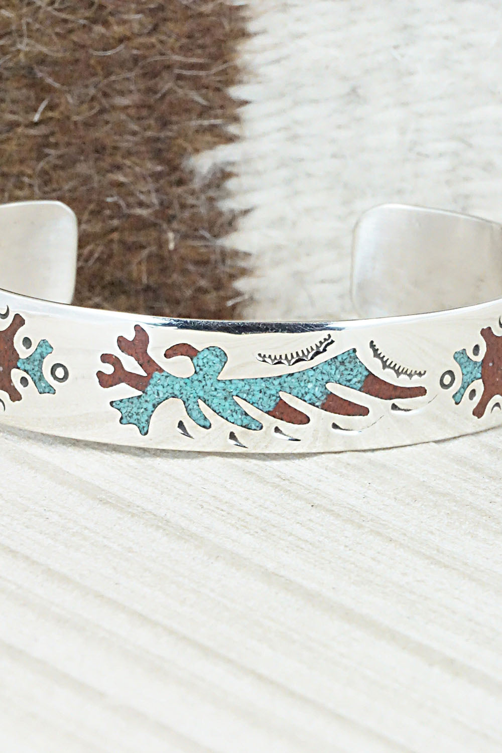 Turquoise, Coral Chip Inlay & Sterling Silver Bracelet - Raymond Begay