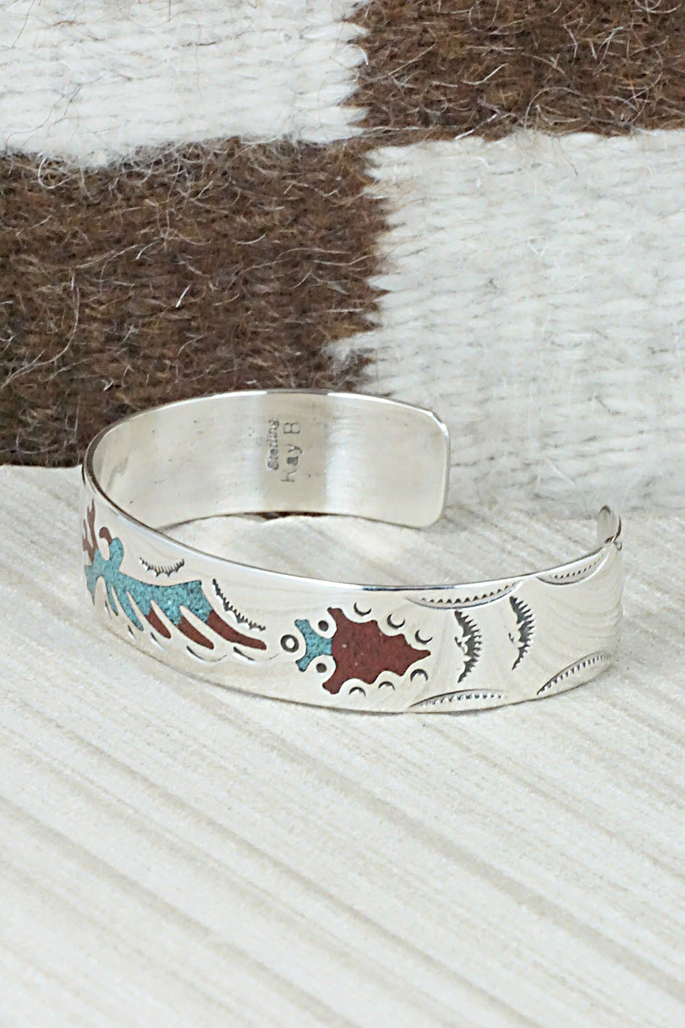 Turquoise, Coral Chip Inlay & Sterling Silver Bracelet - Raymond Begay