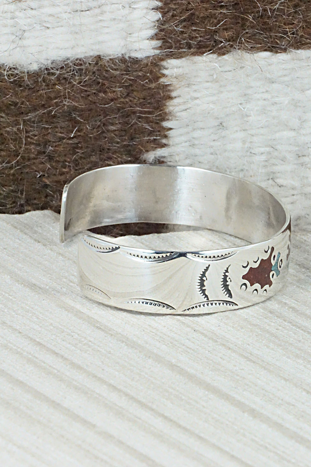 Turquoise, Coral Chip Inlay & Sterling Silver Bracelet - Raymond Begay