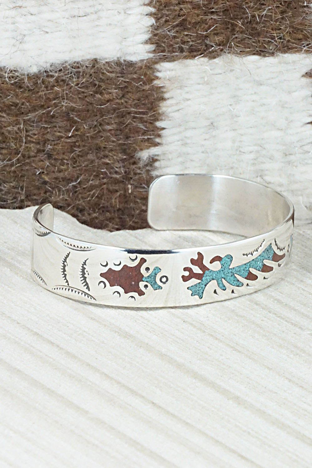 Turquoise, Coral Chip Inlay & Sterling Silver Bracelet - Raymond Begay