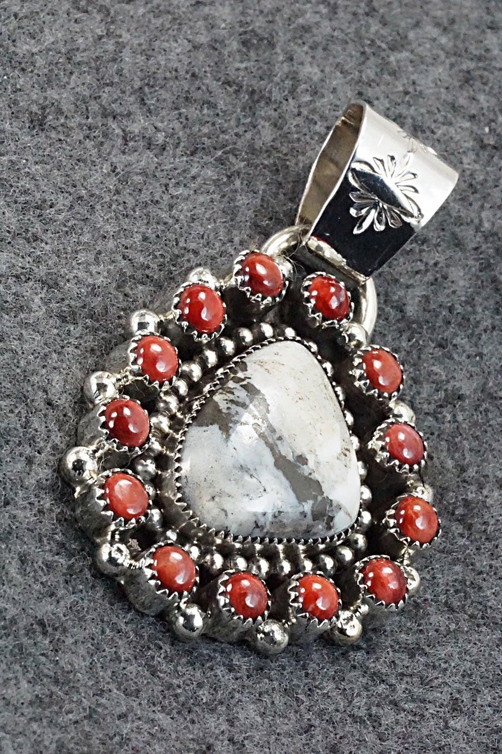 White Buffalo, Spiny Oyster and Sterling Silver Pendant - Sandra Parkett