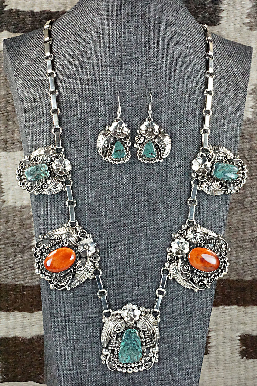 Turquoise, Spiny Oyster & Sterling Silver Necklace Set - Sandra Parkett