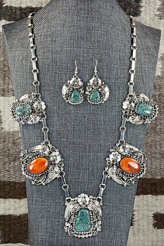 Turquoise, Spiny Oyster & Sterling Silver Necklace Set - Sandra Parkett