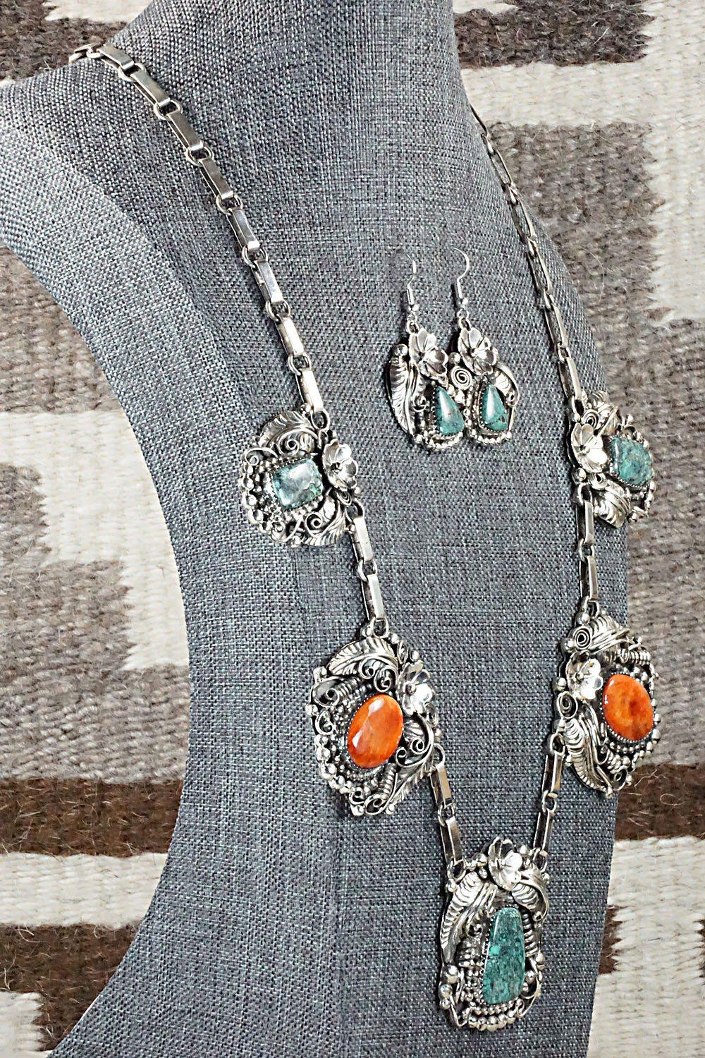 Turquoise, Spiny Oyster & Sterling Silver Necklace Set - Sandra Parkett