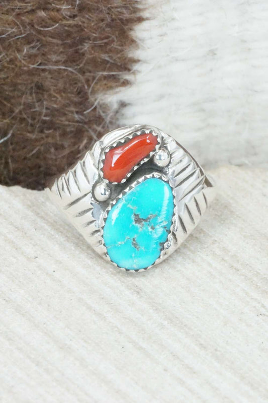 Turquoise, Coral & Sterling Silver Ring - Pauline Nelson - Size 12.75