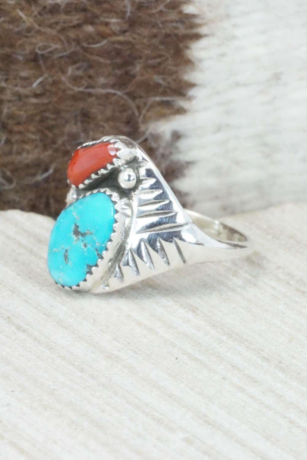 Turquoise, Coral & Sterling Silver Ring - Pauline Nelson - Size 12.75