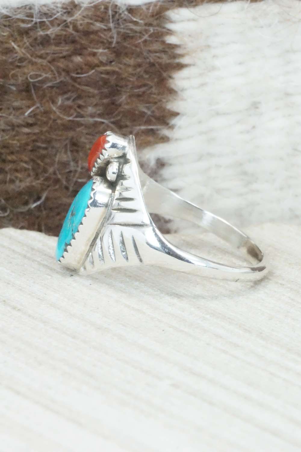 Turquoise, Coral & Sterling Silver Ring - Pauline Nelson - Size 12.75