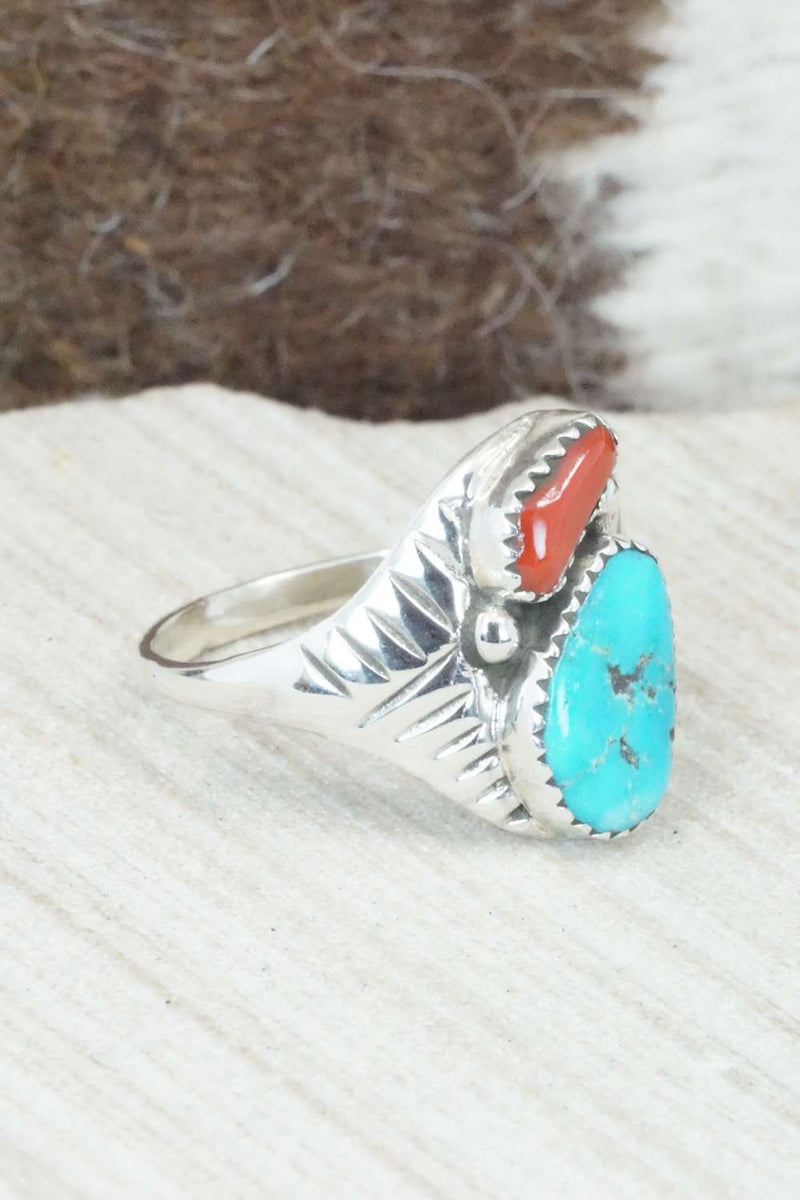 Turquoise, Coral & Sterling Silver Ring - Pauline Nelson - Size 12.75