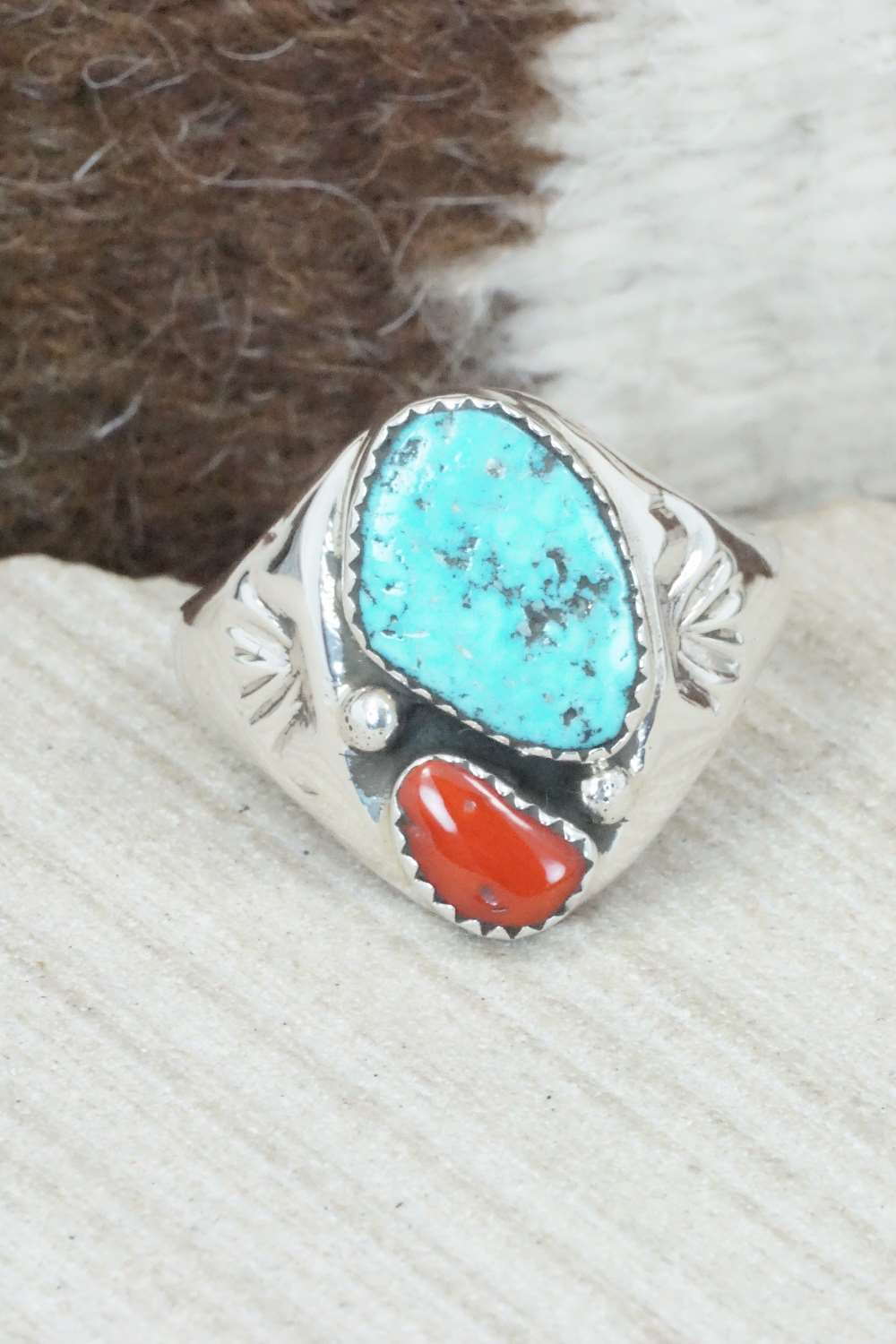 Turquoise, Coral & Sterling Silver Ring - Pauline Nelson - Size 14.75